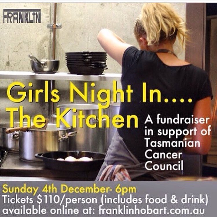 Franklin and @lilly_trewartha invite you to a Girls night in..the kitchen. A fundraiser in support of Cancer Council Tasmania.

We have @lilly_trewartha  @eatingcurry @emilyrose7 from @hamlet_hobart and @drumheadsauerkraut in the kitchen cooking up some tasty treats for you.

In the interest of an inclusive event, this is not a traditional Girls Night In…just in the kitchen. So ladies and gentlemen, get your tickets at franklinhobart.com.au

A huge thank-you to the local producers who have got behind this event and are generously donating food and drinks. Some of these include:
@harvestfeast @provenancegrowers 
@pigeonwholebakers @blackmanbayoysters @ashmorefood 
@brunyislandcheese @twometretall @foodtourist 
@jettyroadwines 
Hope to see you there!

If you can not make it and still feel like donating head to @lilly_trewartha  and hit the link in the bio