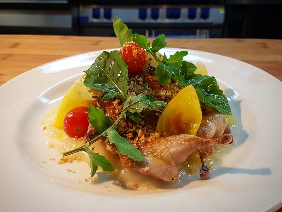 One of the many highlights from todays specials board: wood grilled quail with cauliflower puree, roasted tomatoes, pickled beetroot, fresh garden leaves and pangratto. Both beautiful and delicious. ?: @sandy_mckay92 #food #delicious #tasmania #woodbridge #peppermintbay #food #local #produce #fresh #quail #foodstagram