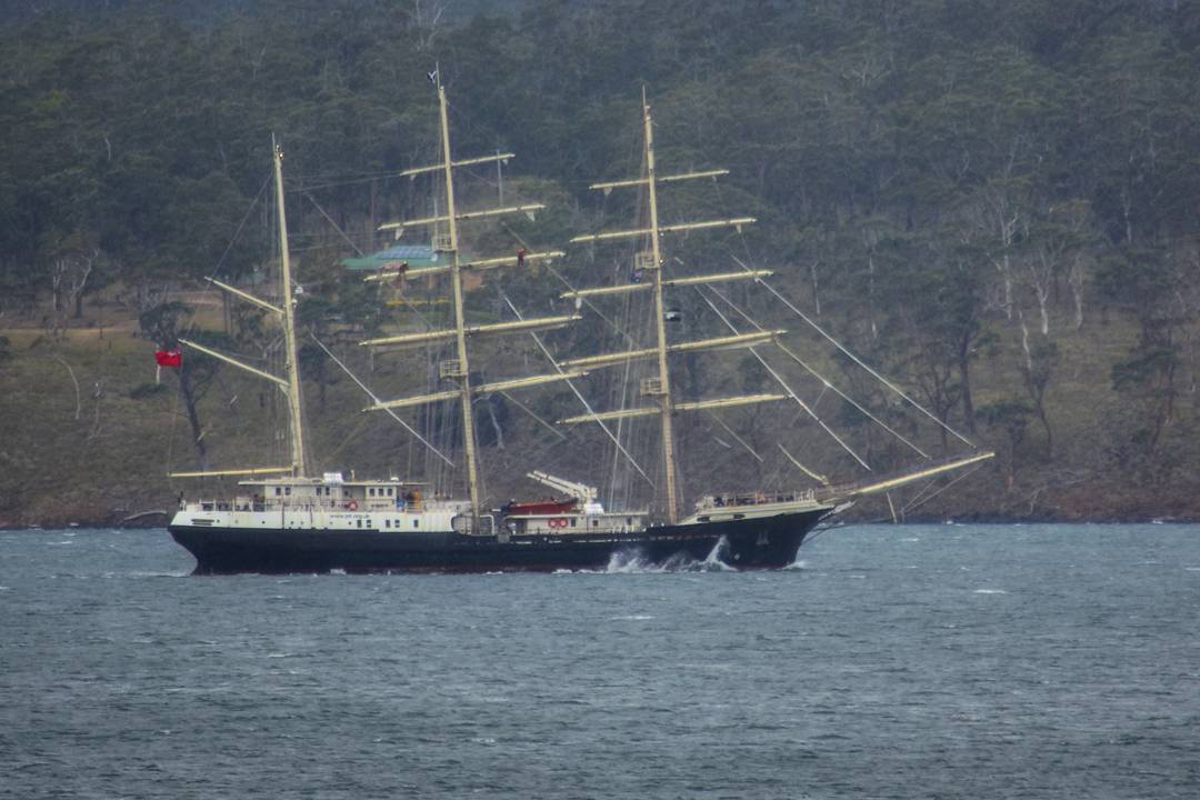 A nice looking ship cruising past us on a rainy afternoon ?: @sandy_photography #tasmania #woodbridge #ship #tallship #channel #tasmaniagram #hobartandbeyond