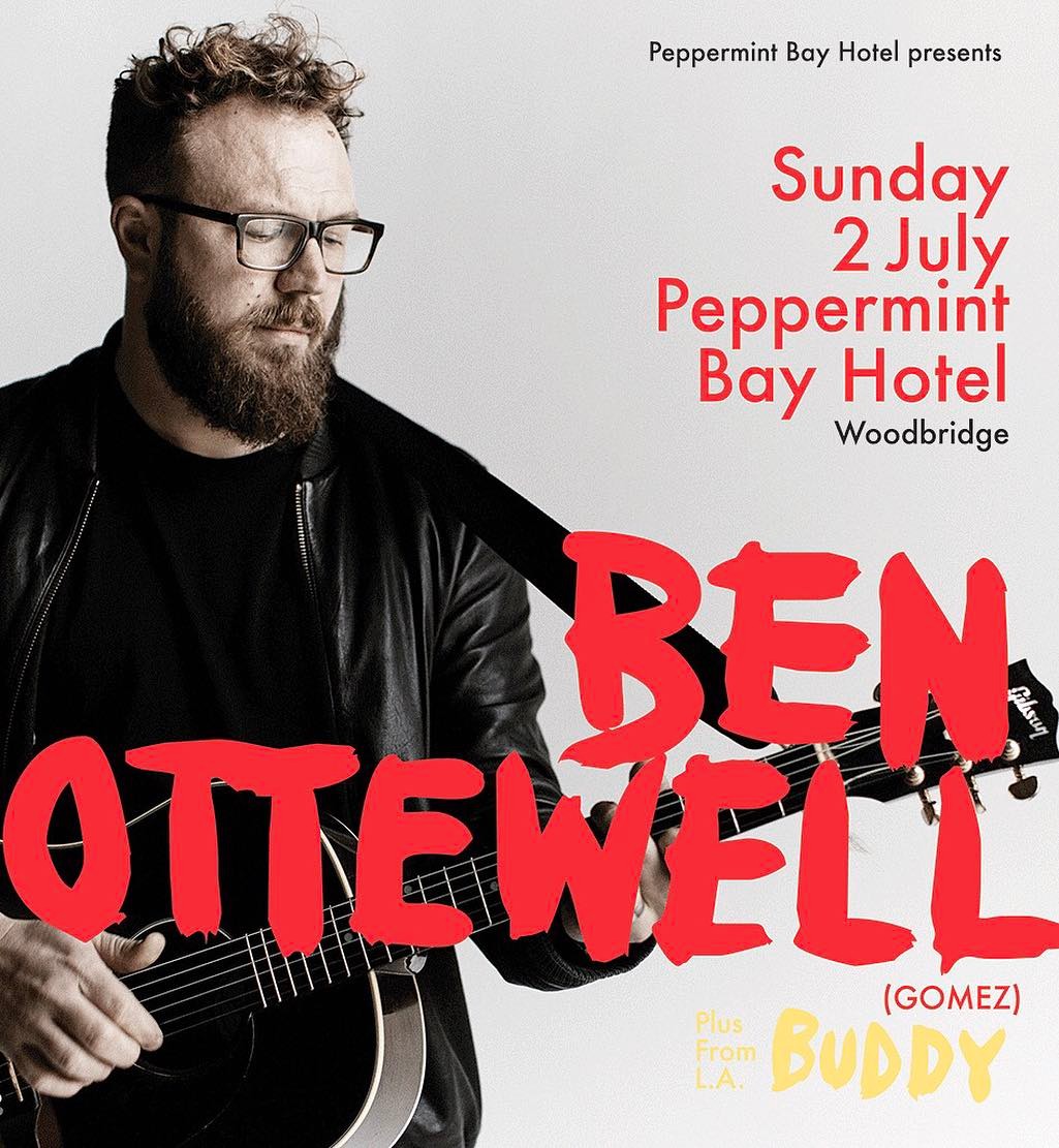 Very excited to announce that our friend Ben Ottewell (Gomez!) is coming back to Tas.  We have organised a very special show at Peppermint Bay Hotel in beautiful Woodbridge on Sunday July 2.  Special guest from LA is Buddy .  Awesome food and drinks by our good people at the Hotel and better still; ticket prices are only $45 +bf. $65 +bf includes return ferry ride from Hobart !  Tickets from oztix.com.au. Or direct from the hotel .  @benottewell