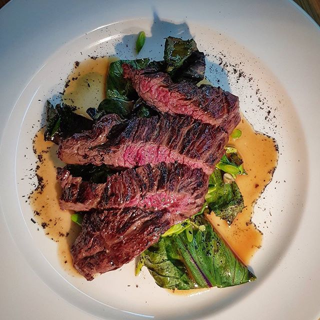 Chargrilled hanger steak, cooked over the open fire served with roasted cabbage leaf from our garden and a beef bone sauce #peppermintbayhotel #peppermintbay #woodbridge #tasmania #steak #beef #delicious #cookingwithfire #fromthegarden #gardentoplate #tasfoodie #tasmanianproduce