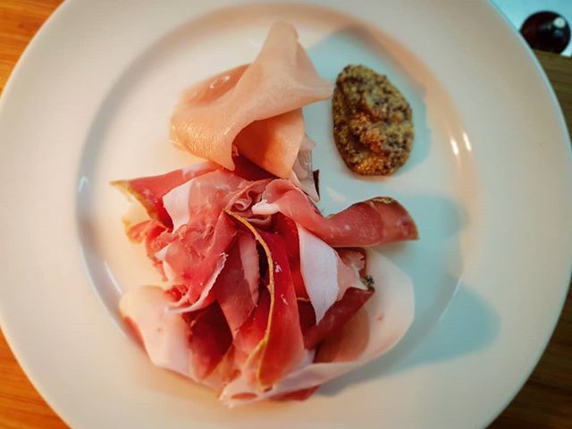 House cured Proscuitto w pickled turnip and mustard. #curedmeats #peppermintbay #woodbridge #homegrown #housemade #tasmania #foodstagram